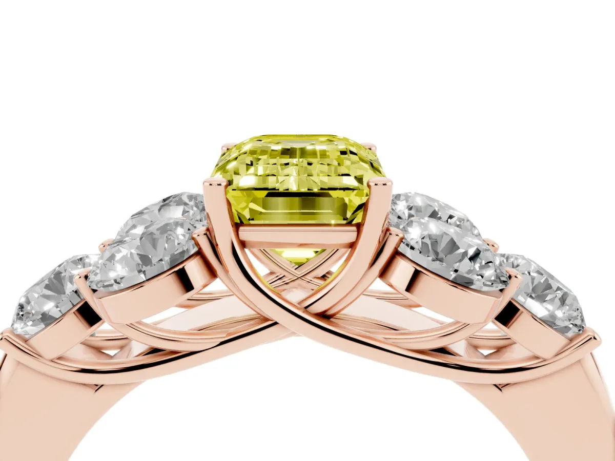 Fancy Yellow Emerald Cut Cut Diamond Cluster Ring with Round Accent Stones and Prong Setting on a Classic Band Rose gold