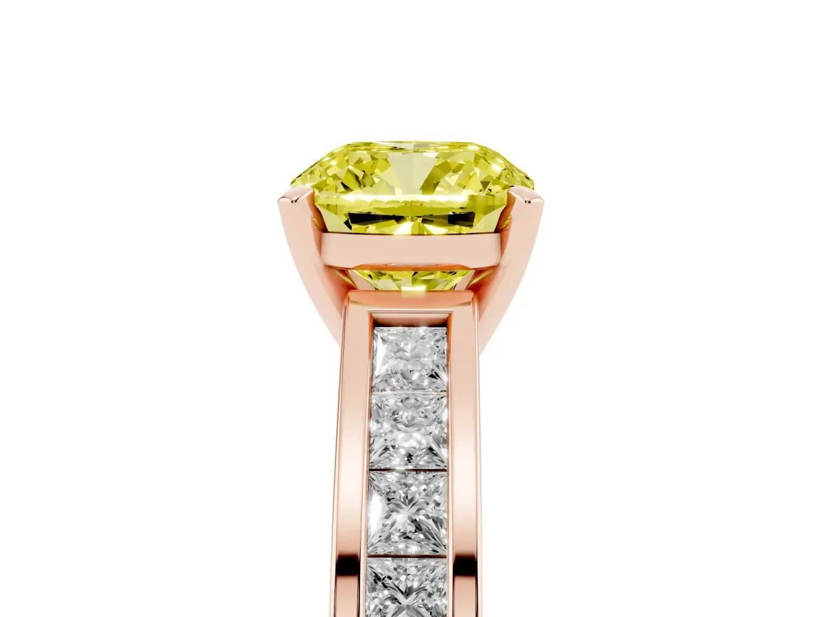 Fancy Yellow Cushion Cut Solitaire Diamond Ring with Channel-Set Band and Four-Prong Setting Rose gold