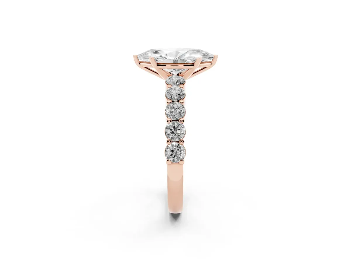 Marquise Cut Diamond Solitaire Ring with Shared Prong Round Side Stones Rose gold