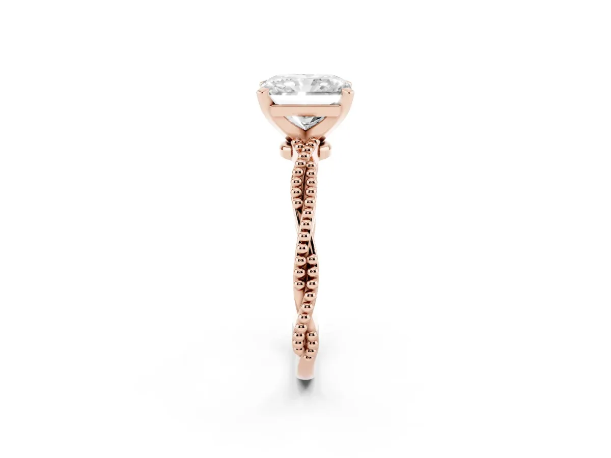 Radiant Cut Solitaire Twisted Band with Bead Prong Setting Rose gold