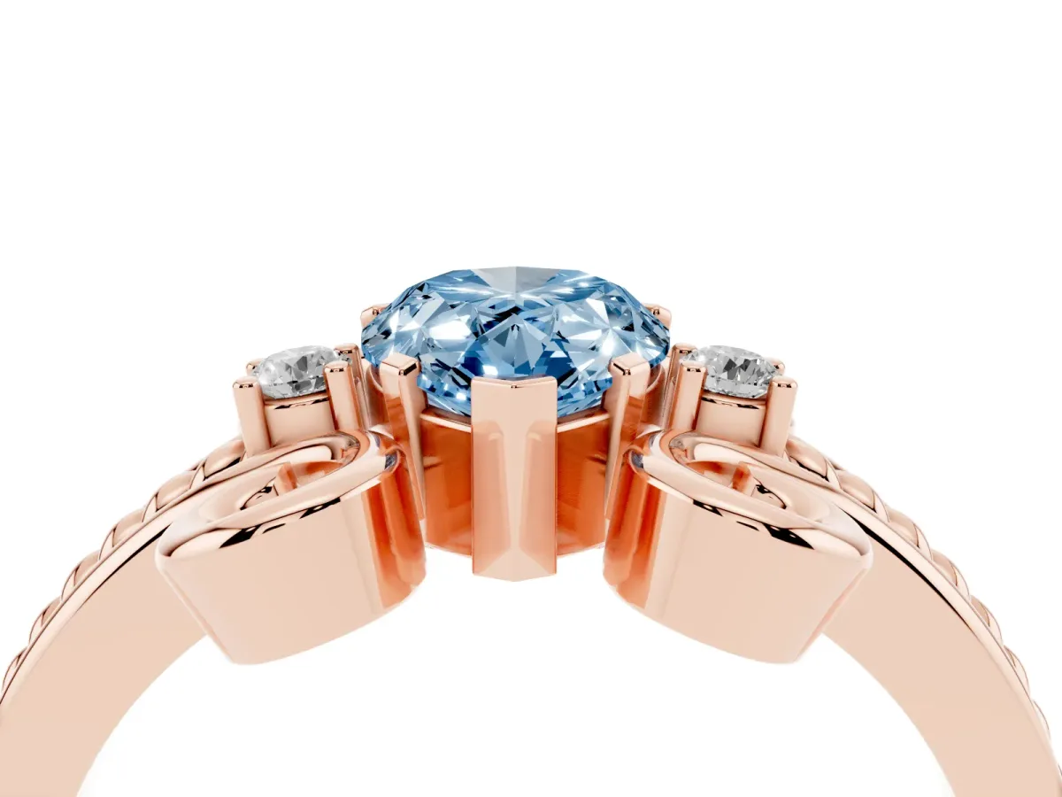 Fancy Blue Pear Cut Solitaire Twisted Band Scroll Prong Ring Rose gold