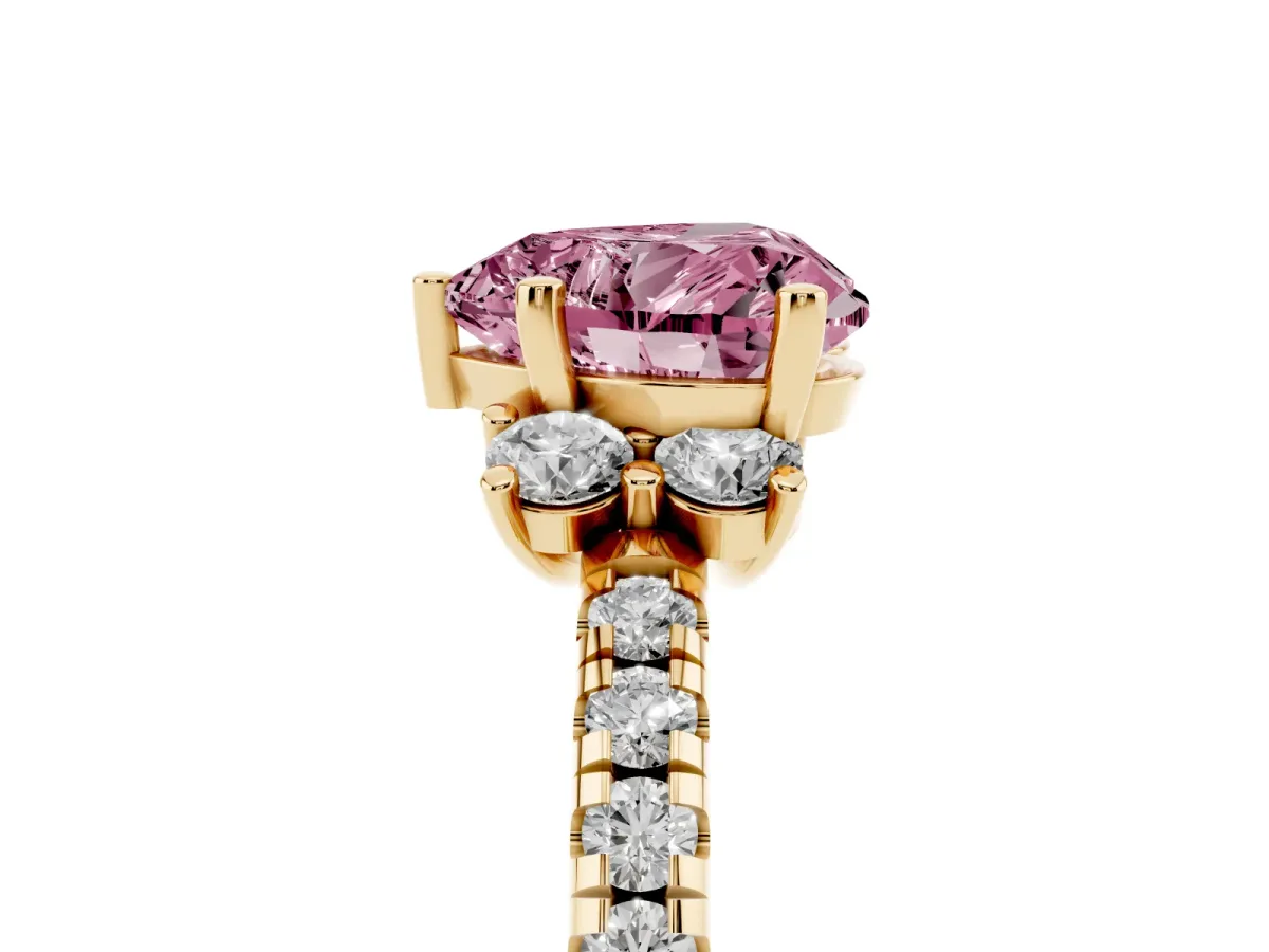 Fancy Pink Heart Cut Diamond Three-Stone Pave Band with Four-Prong Setting Yellow gold