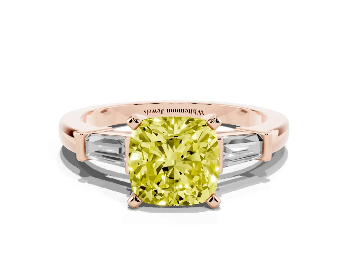 Fancy Yellow Cushion Cut Cut Diamond Solitaire Ring with Tapered Baguette Accents and Four-Prong Setting Rose gold