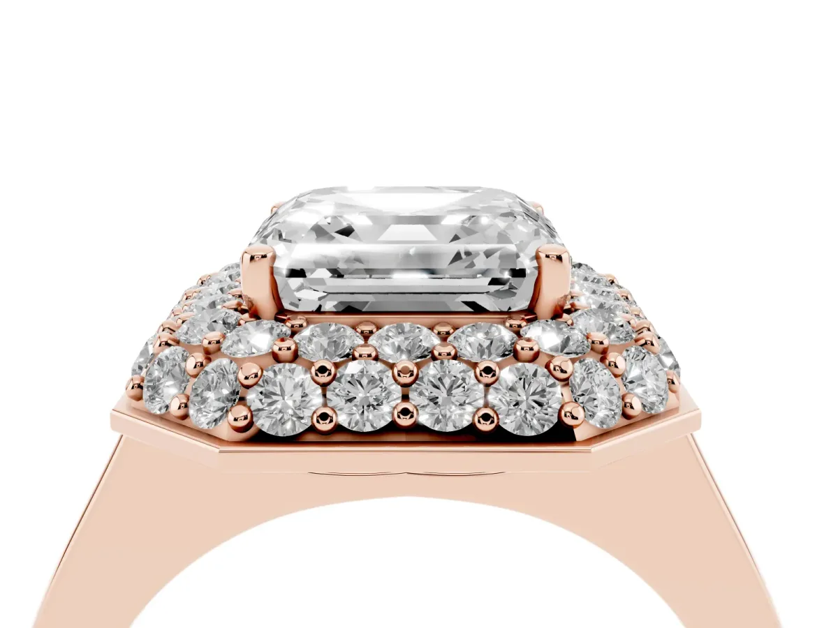 Asscher Cut Halo Diamond Engagement Ring with Solitaire Band and Four-Prong Setting Rose gold