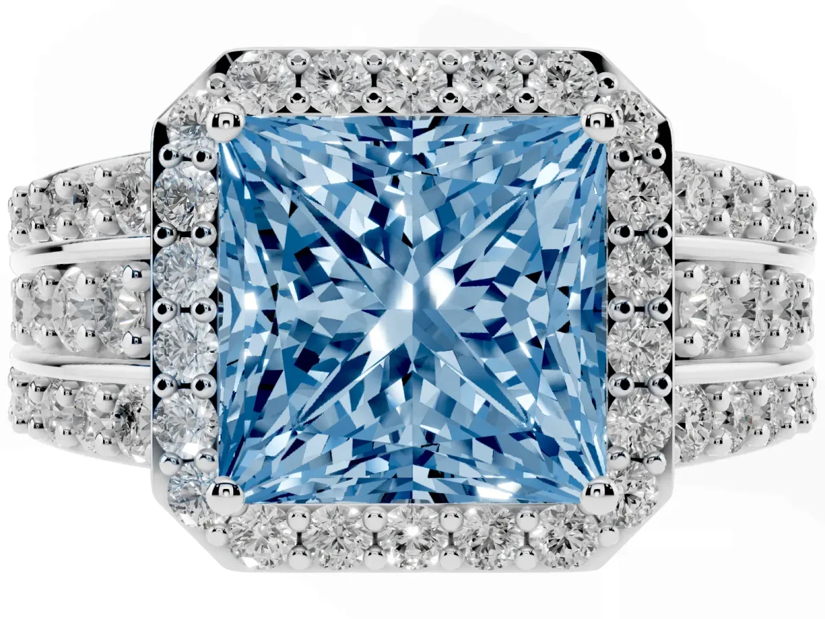 Fancy Blue Princess Cut Halo Diamond Ring with Round Split Shank and Prong Setting Silver