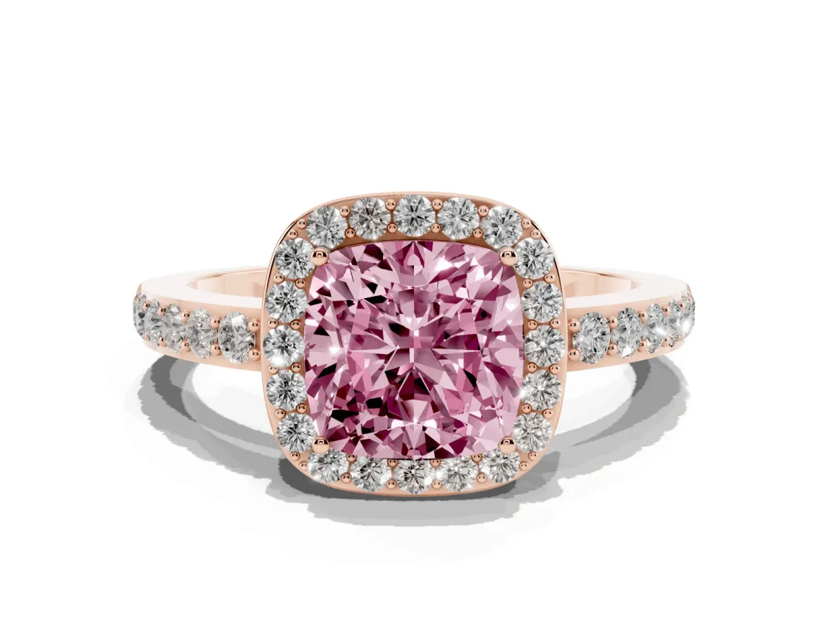 Fancy Pink Cushion Cut Halo Diamond Pavé Band Ring with Prong Setting Rose gold