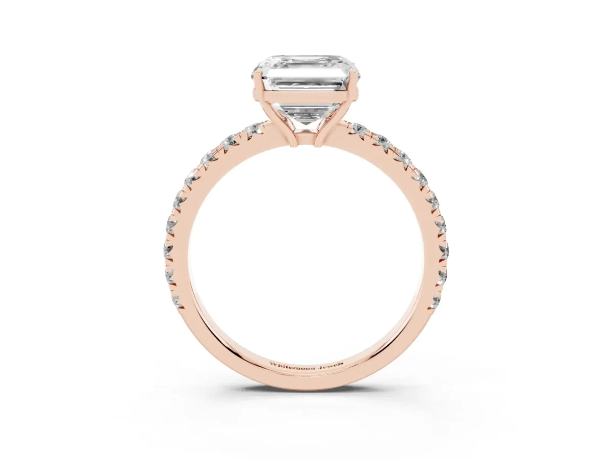 Asscher Cut Diamond Pavé Solitaire Engagement Ring with Four-Prong Setting Rose gold