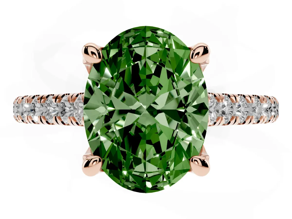 Fancy Green Oval Cut Brilliant Diamond Solitaire with Pavé Band and Four-Prong Setting Rose gold