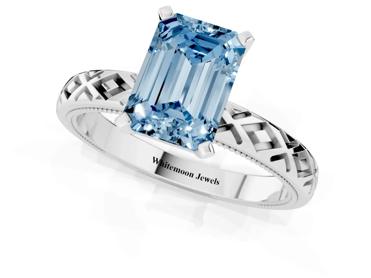 Fancy Blue Emerald Cut Solitaire Diamond Ring with Milgrain and Black Enamel X Pattern Band Silver