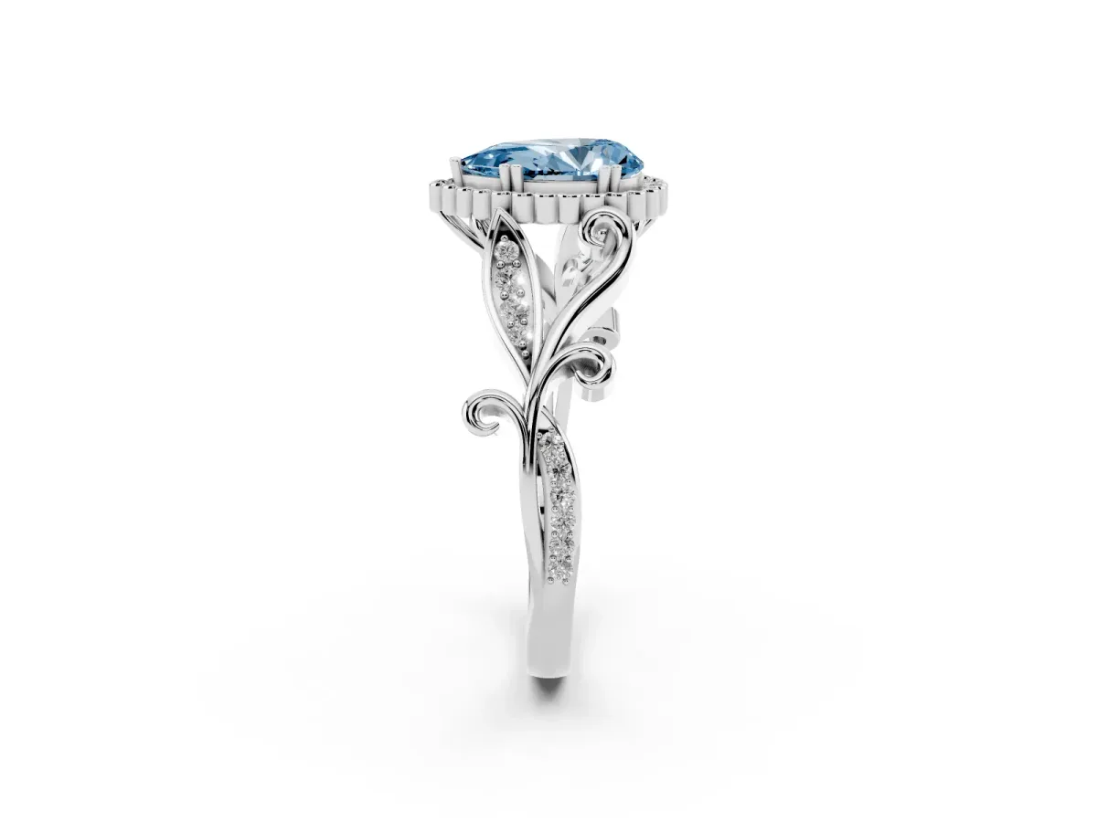Fancy Blue Pear Cut Diamond Halo Ring with Vintage Split Shank and Four-Prong Setting Silver