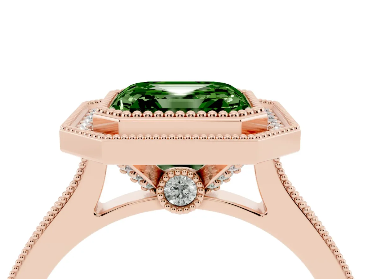 Fancy Green Halo Asscher Cut-Cut Diamond Pave Band Milgrain Prong Setting Ring Rose gold