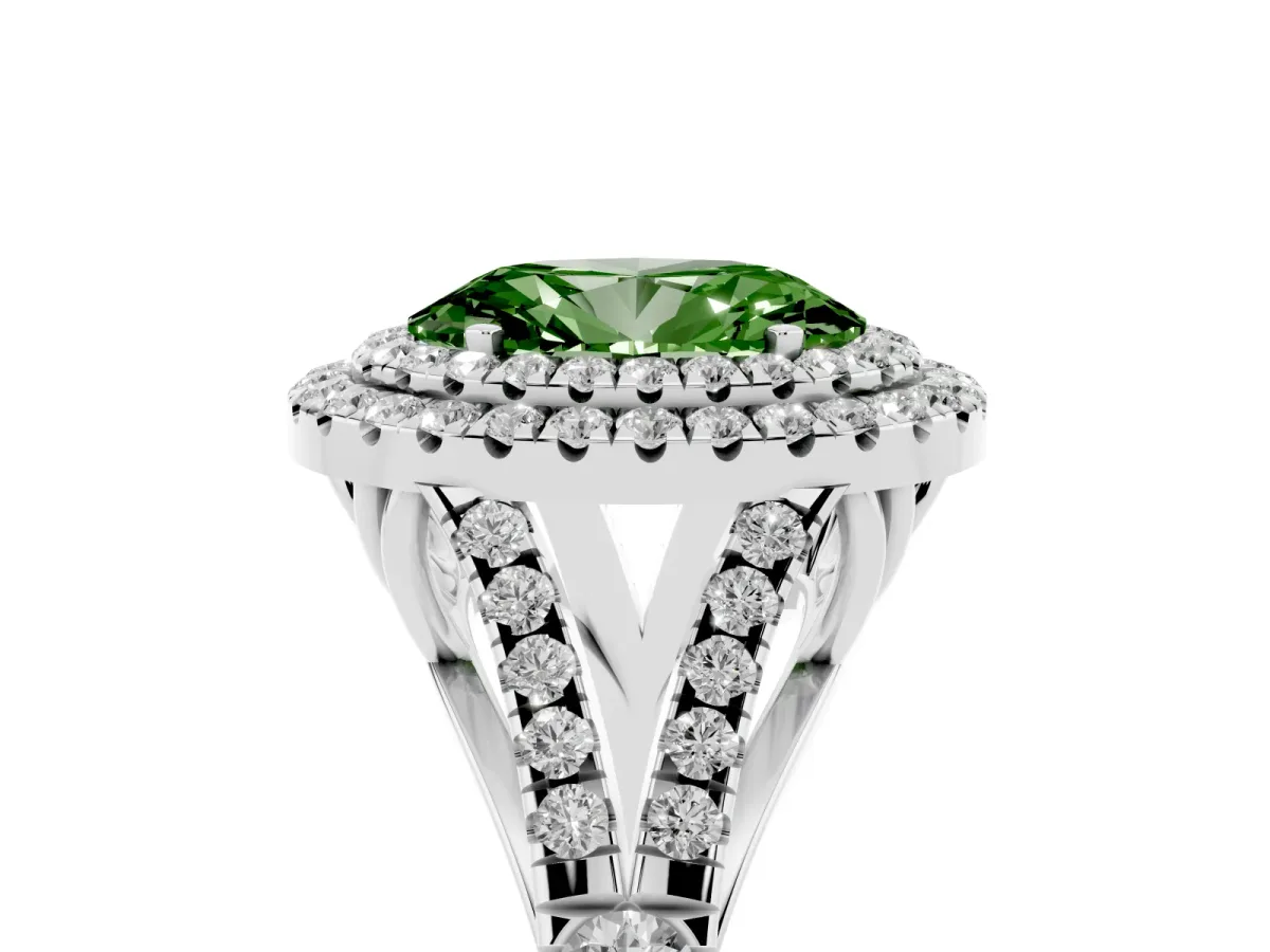 Fancy Green Double Halo Oval Cut Diamond Split Shank Engagement Ring with Four-Prong Setting Platinum