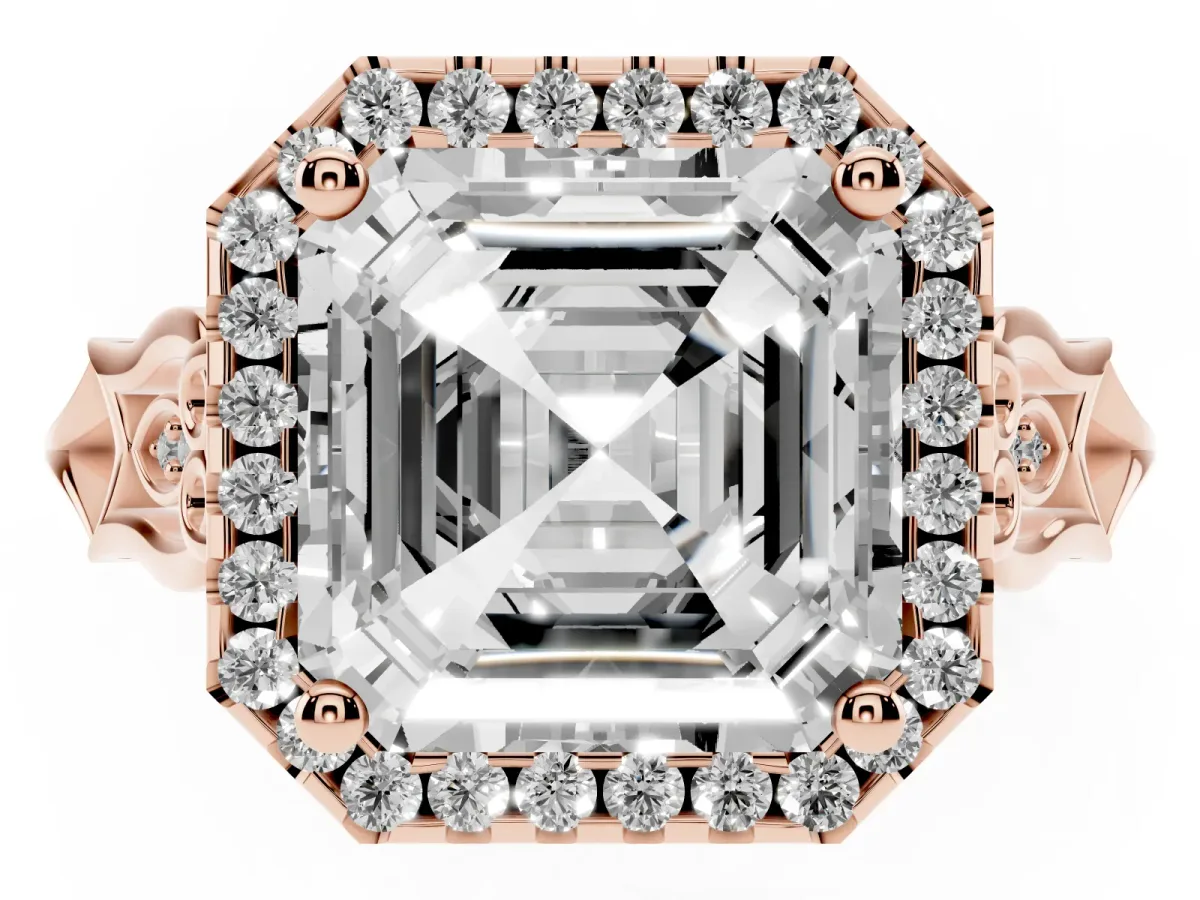 Asscher Cut Halo Diamond Engagement Ring with Filigree Band and Four-Prong Setting Rose gold