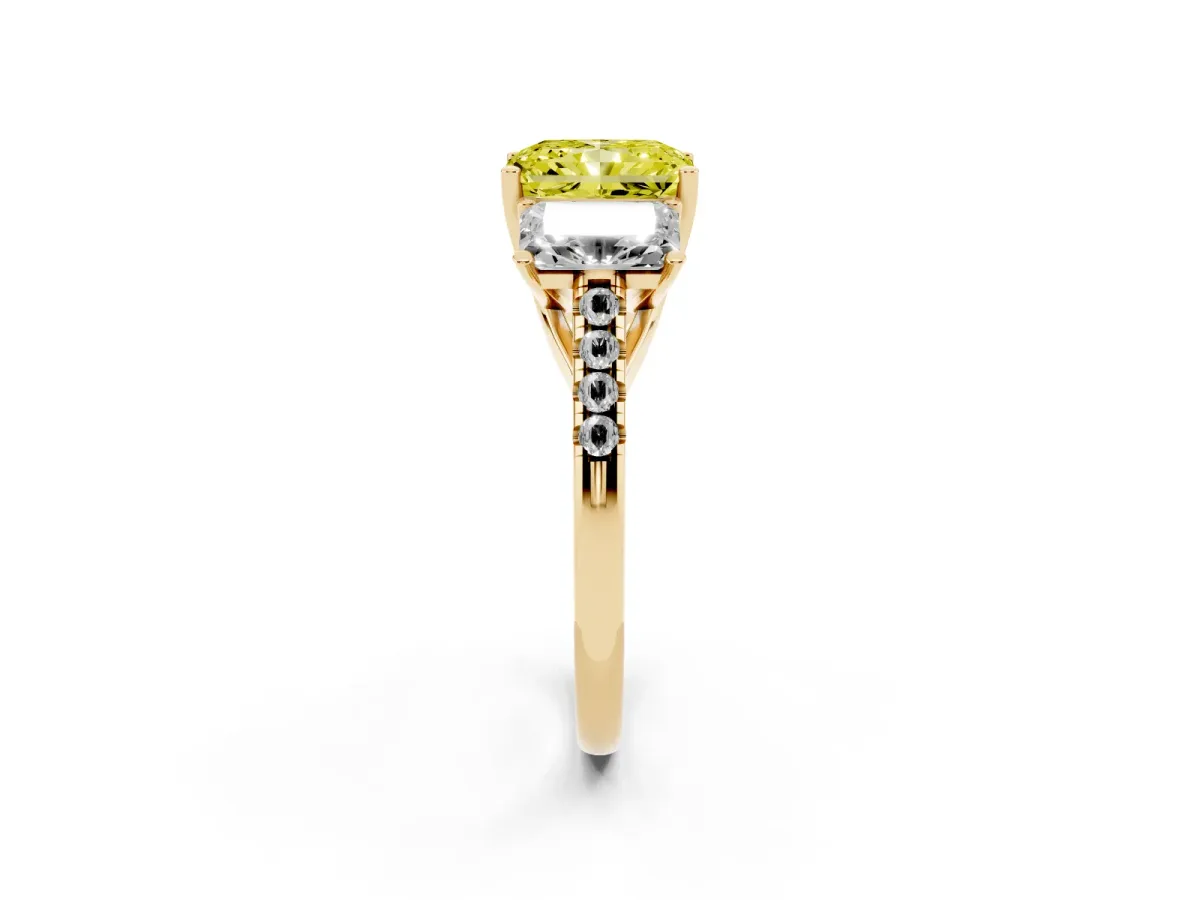 Fancy Yellow Three-Stone Radiant Cut Diamond Ring with Round Pavé Band and Prong Setting Yellow gold