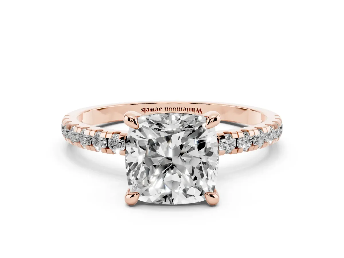 Cushion Cut Diamond Brilliant Solitaire Ring with Pavé Band and Four-Prong Setting Rose gold
