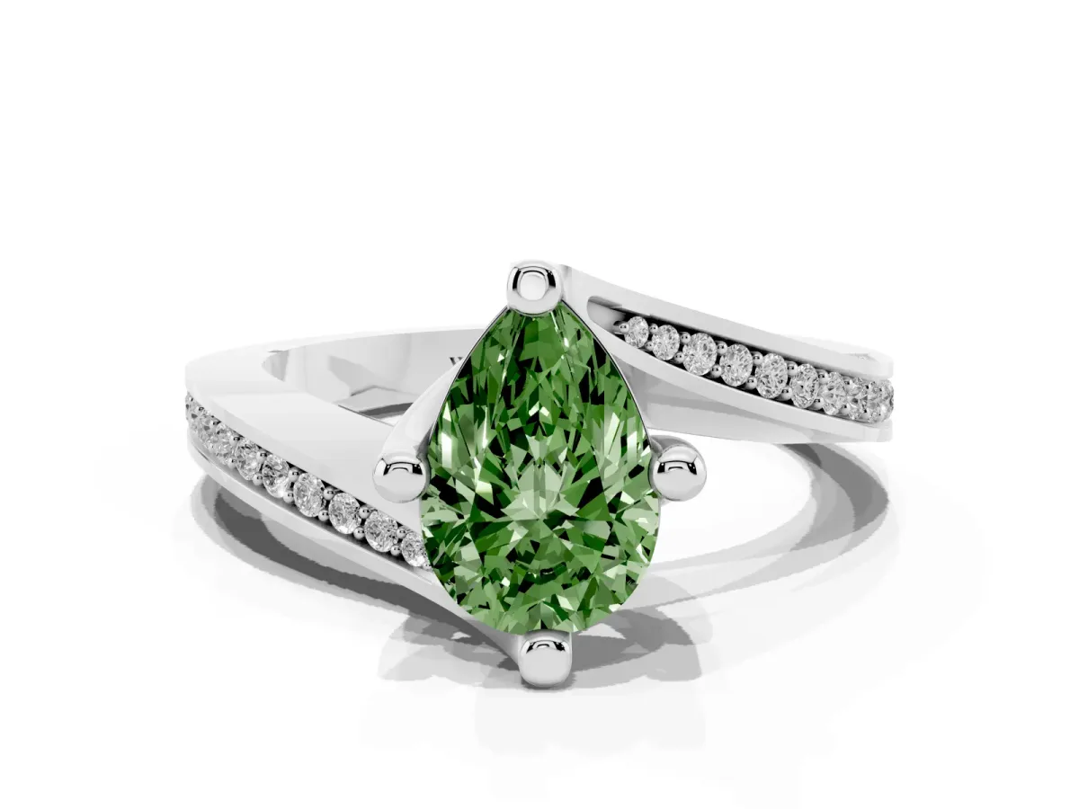 Fancy Green Pear Cut Solitaire Diamond Twist Band with Pavé Setting and Four-Prong Setting Silver