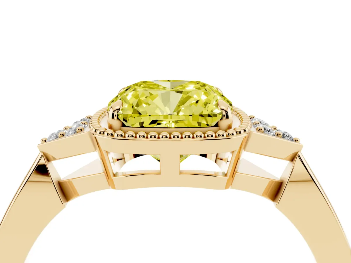 Fancy Yellow Hexagonal Halo Cushion Cut Diamond Solitaire with Pavé Band and Four-Prong Setting Yellow gold