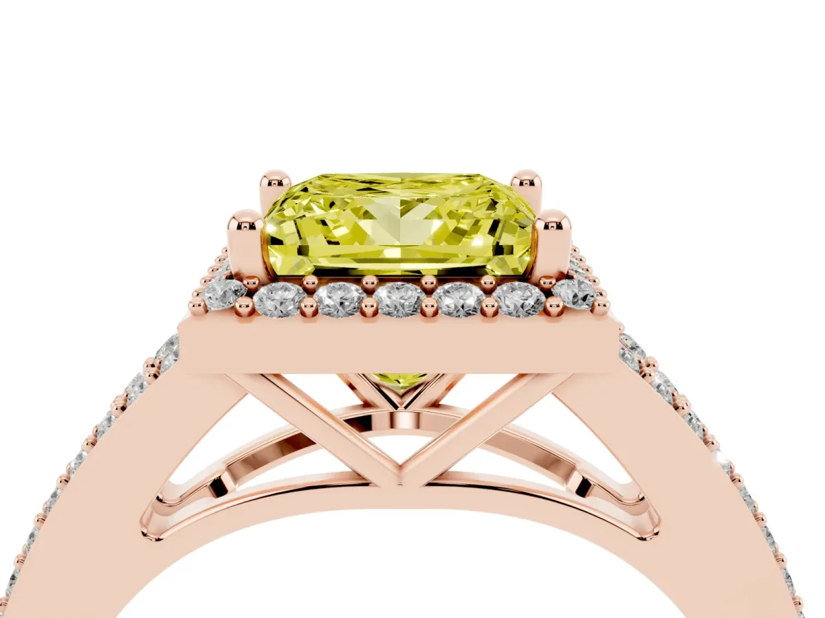 Fancy Yellow Princess Cut Halo Split Shank Pave Diamond Ring with Four-Prong Setting Rose gold