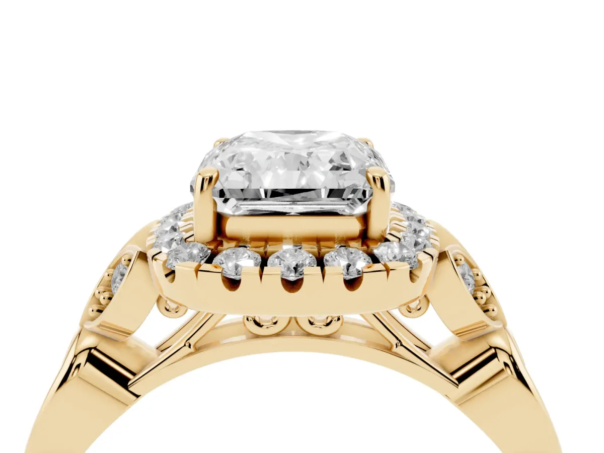 Radiant Cut Halo Diamond Engagement Ring with Vintage-Inspired Band and Four-Prong Setting Yellow gold