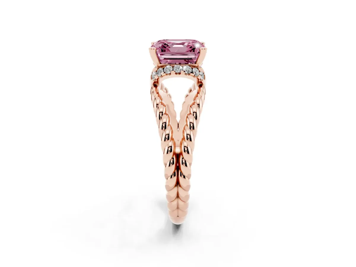 Fancy Pink Asscher Cut Halo Twisted Band Four-Prong Ring Rose gold