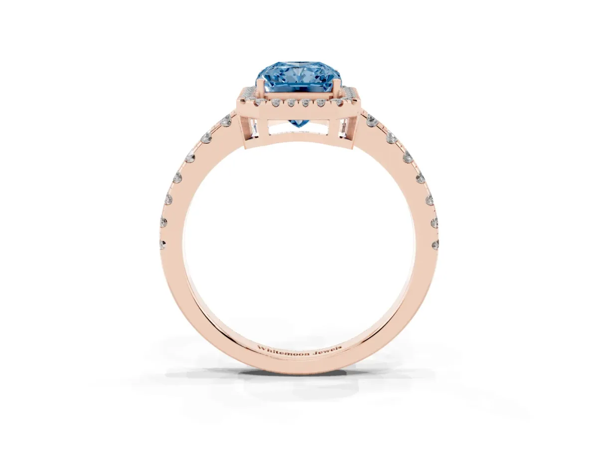 Fancy Blue Radiant Cut Diamond Halo Ring with Pavé Band and Four-Prong Setting Rose gold