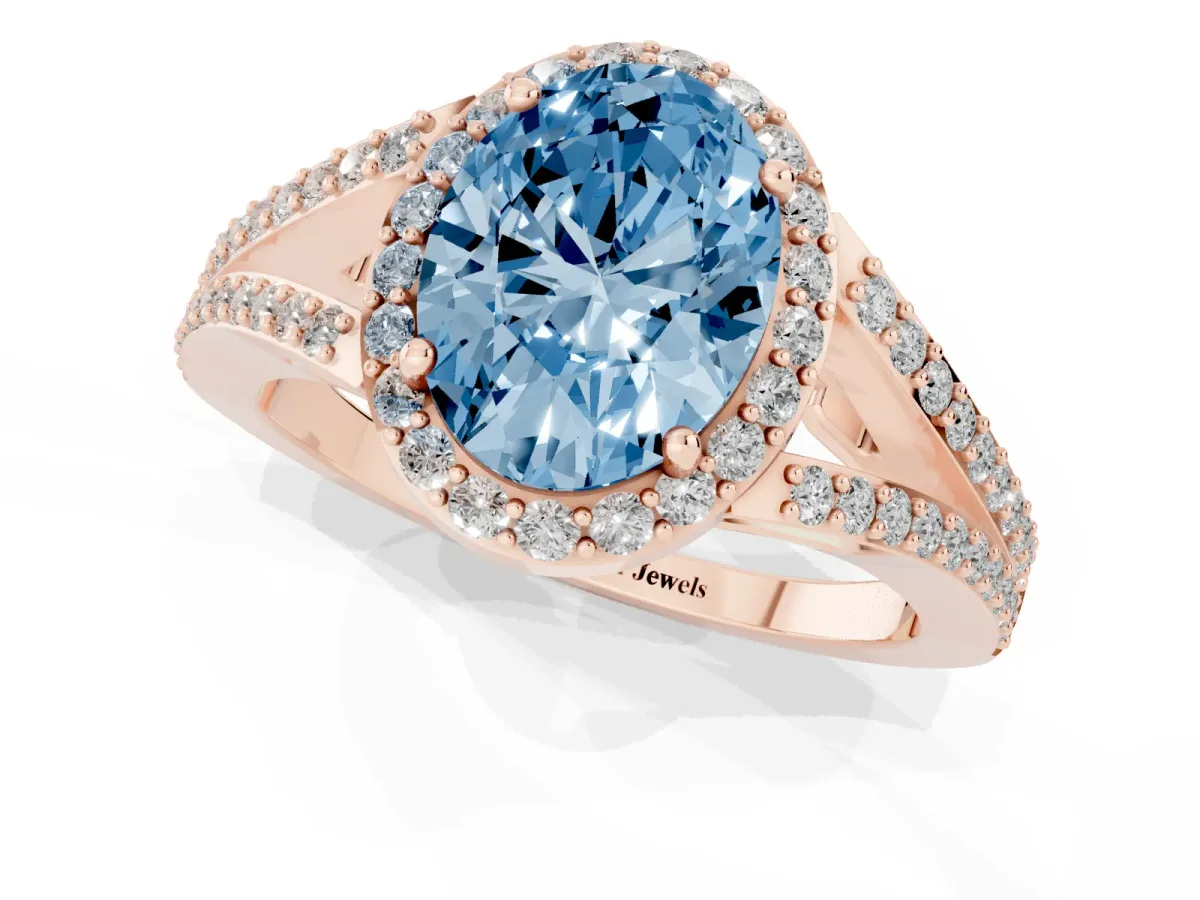 Fancy Blue Oval Cut Halo Split Shank Pave Diamond Ring with Four-Prong Setting Rose gold