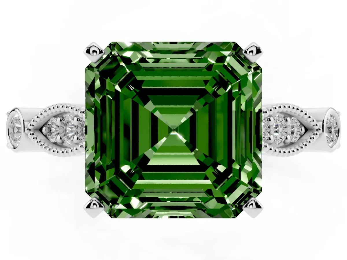 Fancy Green Asscher Cut Cut Diamond with Milgrain Marquise and Bezel Accents on a Solitaire Band with Prong Setting Platinum