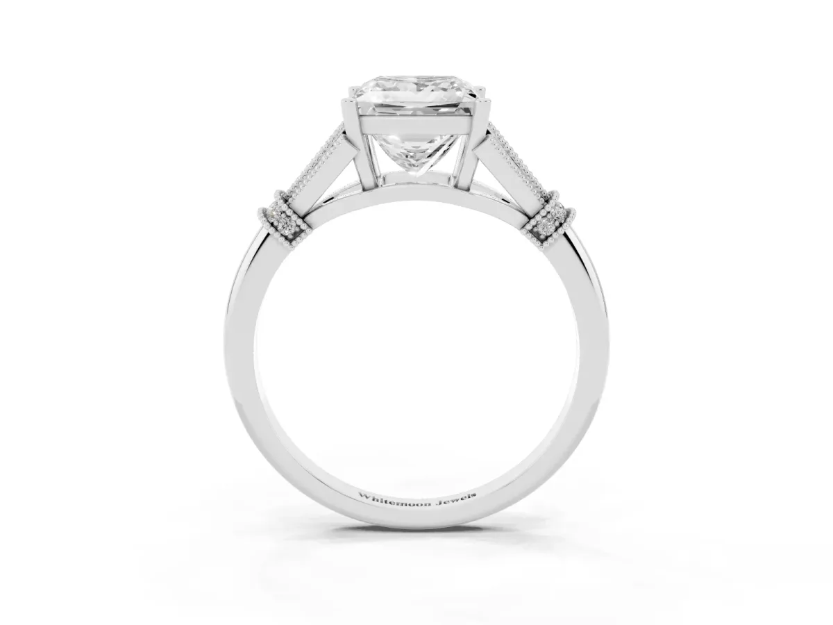Princess Cut Diamond Solitaire Ring with Floral Filigree and Pave Accents White gold