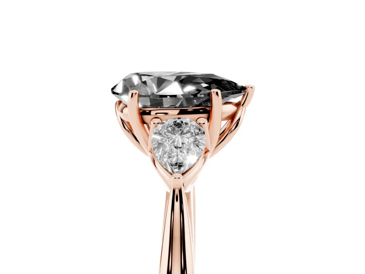 Fancy Black Pear Cut Diamond Three-Stone Ring with Pear Side Stones and Prong Setting Rose gold