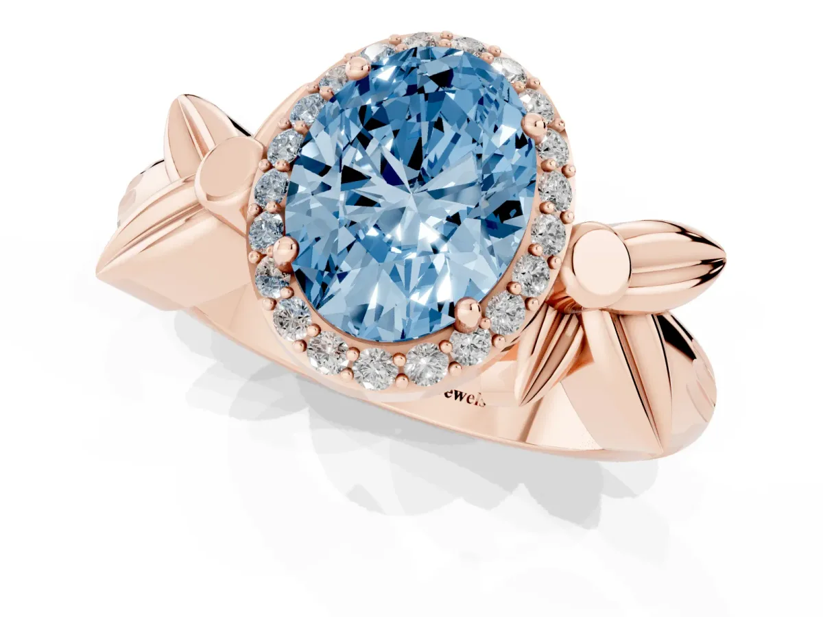 Fancy Blue Oval Cut Halo Diamond Floral Band with Four-Prong Setting Rose gold