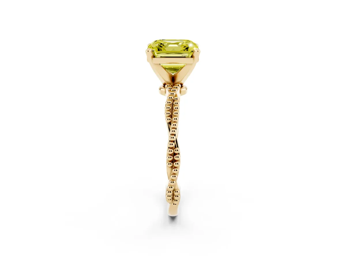 Fancy Yellow Asscher Cut Solitaire Twisted Band with Bead Prong Setting Yellow gold