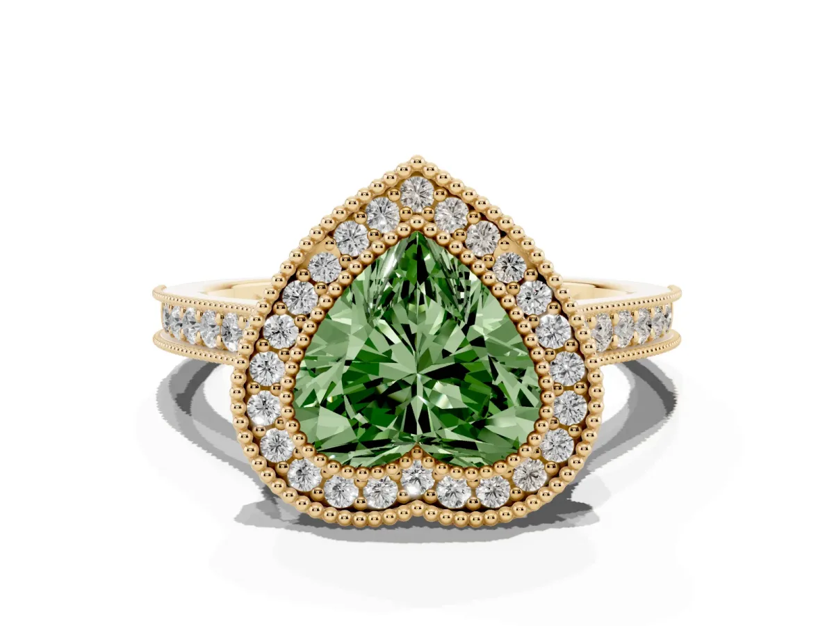 Fancy Green Halo Heart Cut-Cut Diamond Pave Band Milgrain Prong Setting Ring Yellow gold