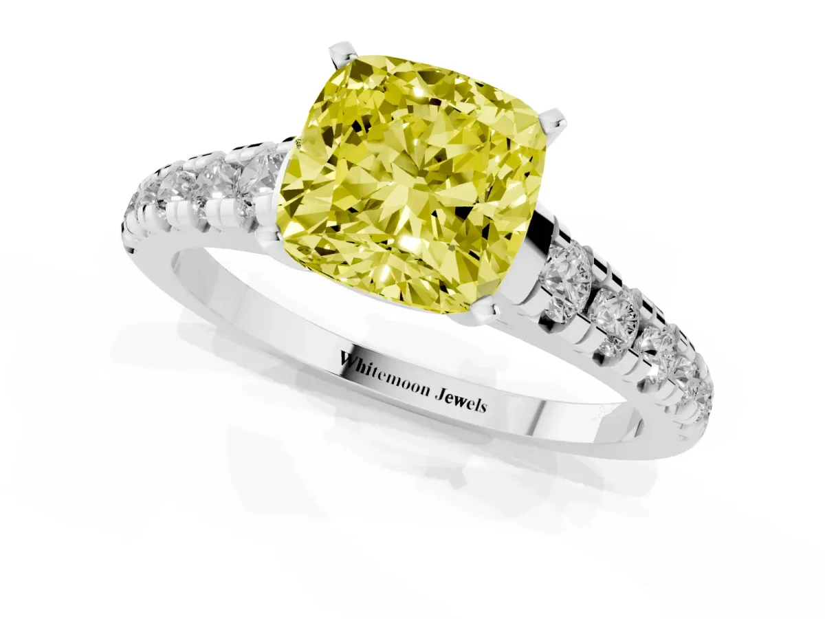 Fancy Yellow Cushion Cut Diamond Cathedral Solitaire Ring with Round Pavé Band Silver