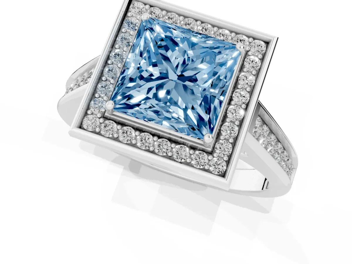 Fancy Blue Princess Cut Halo Solitaire Diamond Ring with Pave Band and Bezel Setting White gold