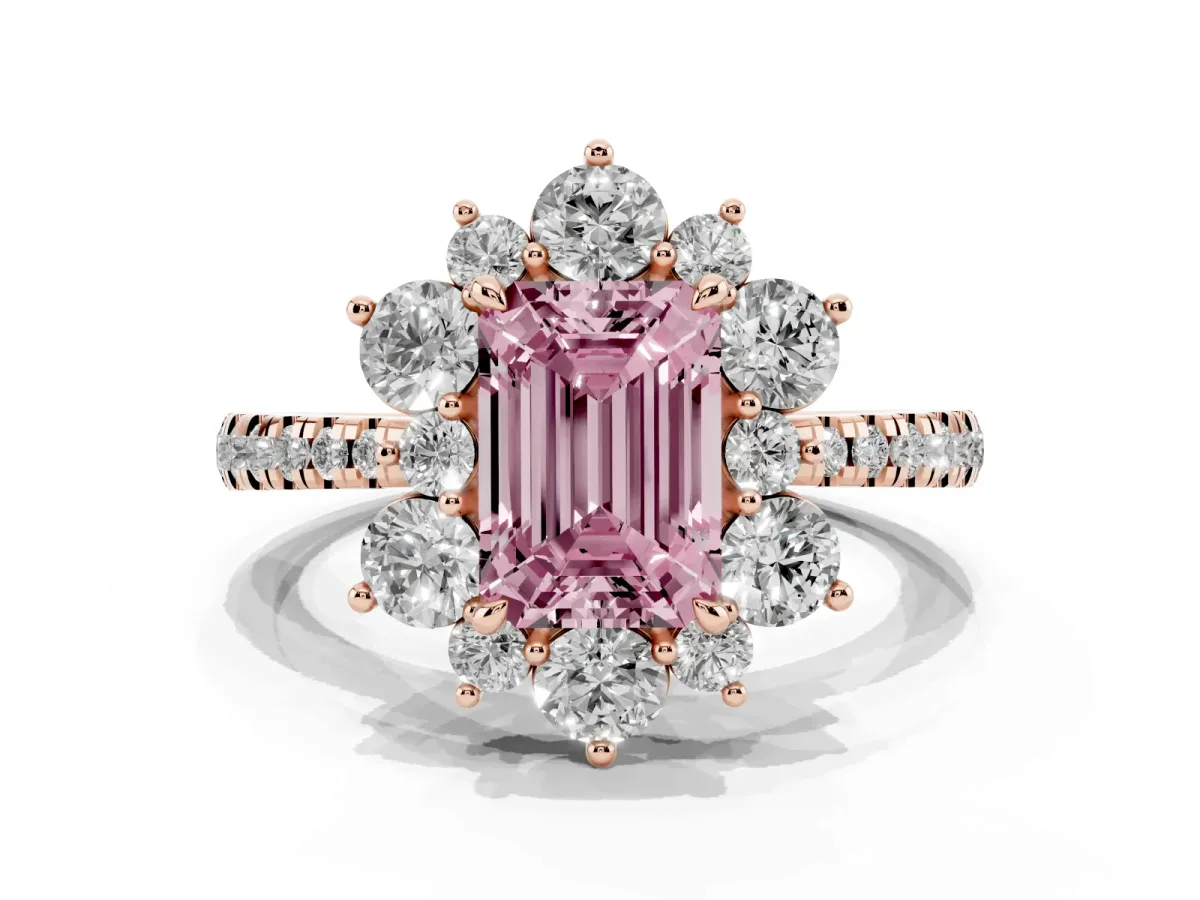 Fancy Pink Emerald Cut Diamond Floral Halo Ring with Round Pavé Band and Prong Setting Rose gold