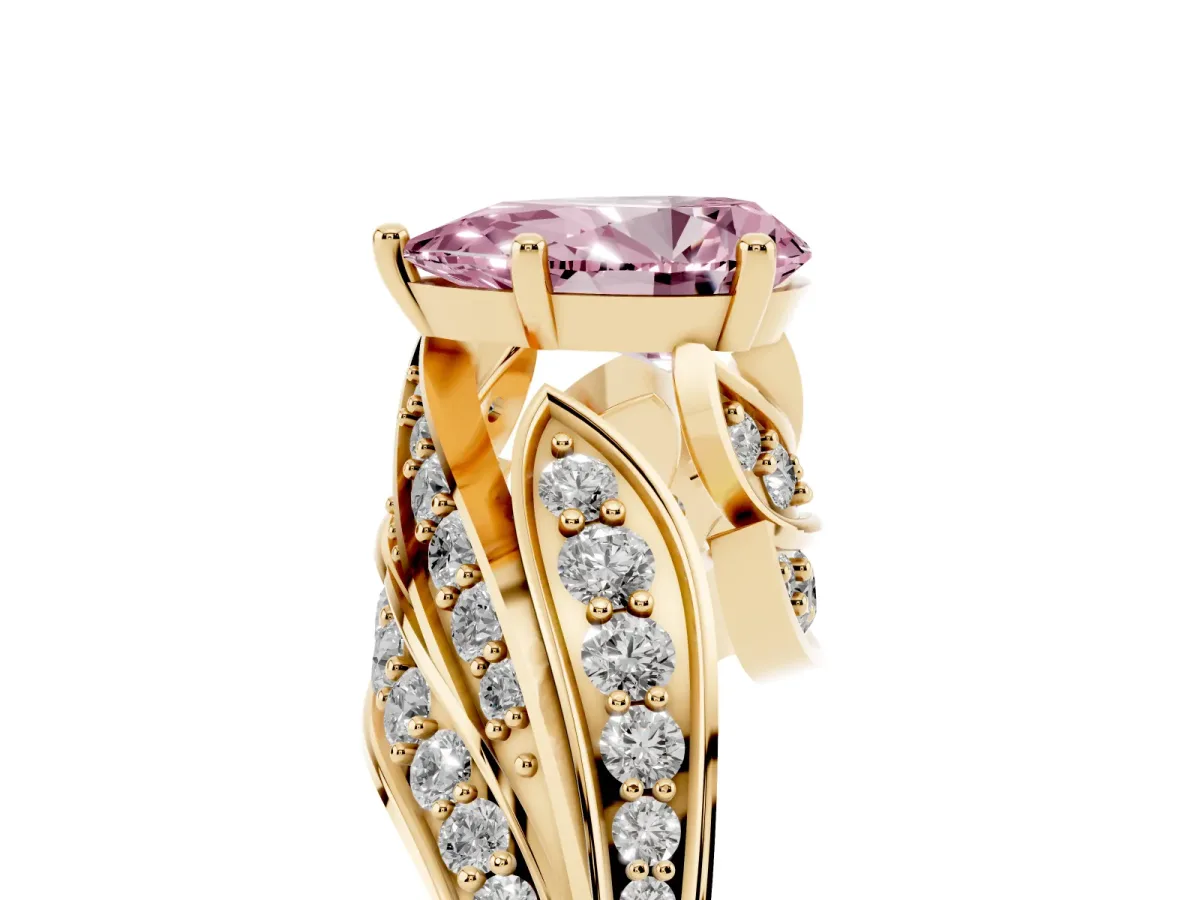 Fancy Pink Pear Cut Diamond Solitaire Ring with Prong Setting and Twisted Pavé Band Yellow gold