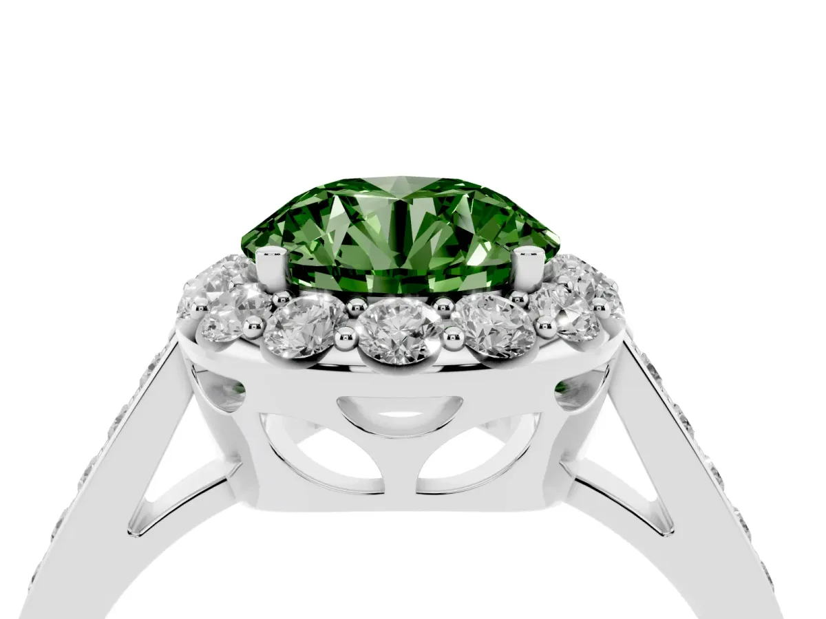 Fancy Green Round Cut Diamond Floral Halo Ring with Pavé Band and Prong Setting Silver