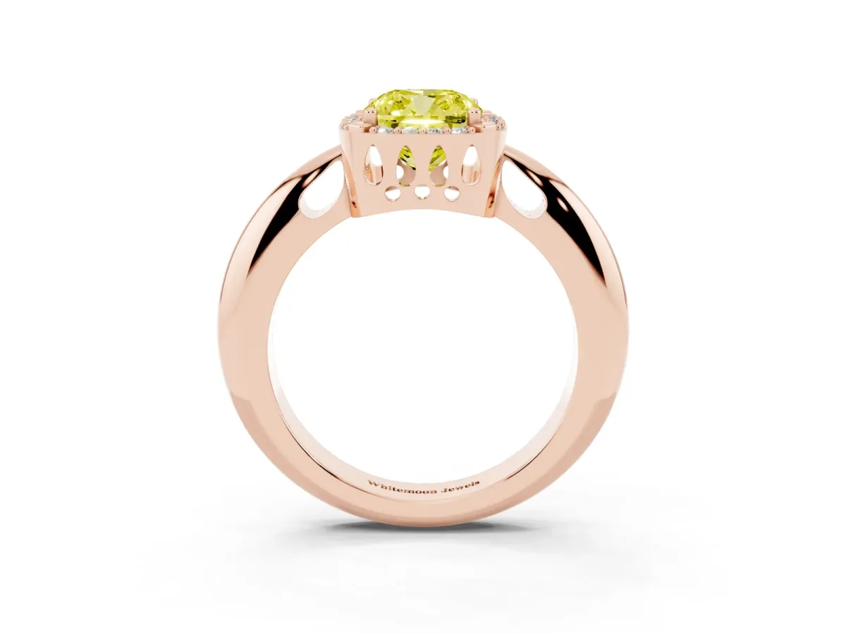 Fancy Yellow Cushion Cut Cut Diamond Halo Engagement Ring with Split Shank and Four-Prong Setting Rose gold