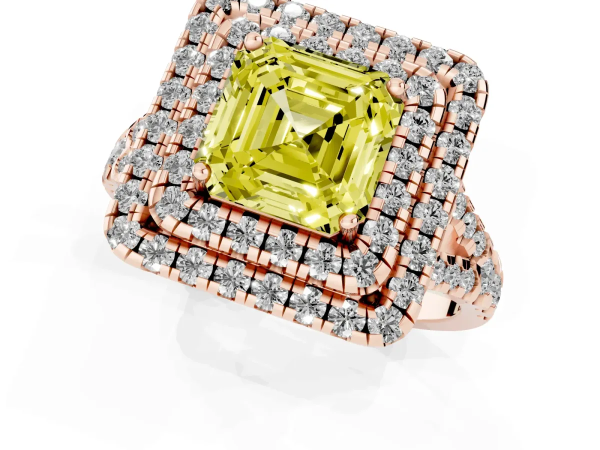 Fancy Yellow Double Halo Asscher Cut Diamond Pavé Split Shank Ring with Prong Setting Rose gold