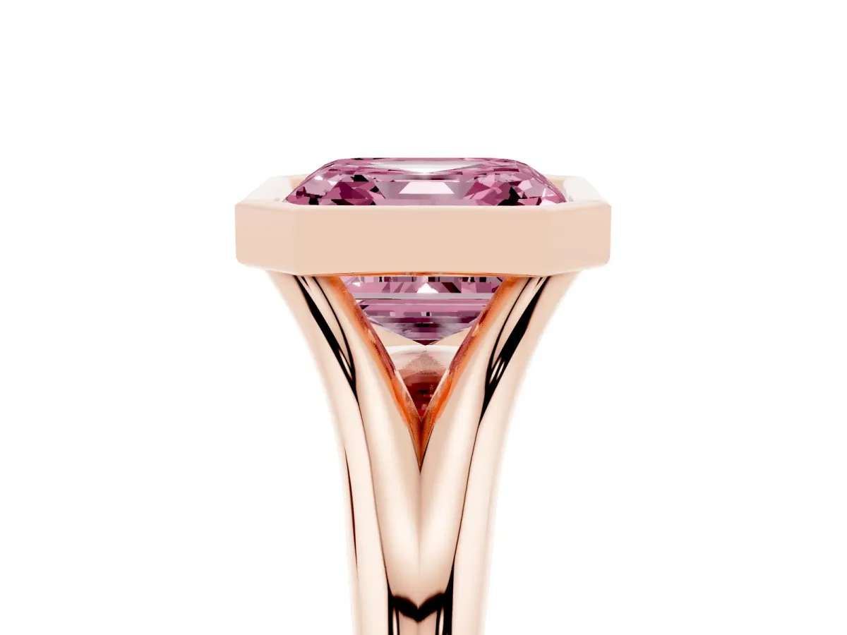 Fancy Pink Bezel Set Asscher Cut Solitaire Diamond Ring with Smooth Band Rose gold