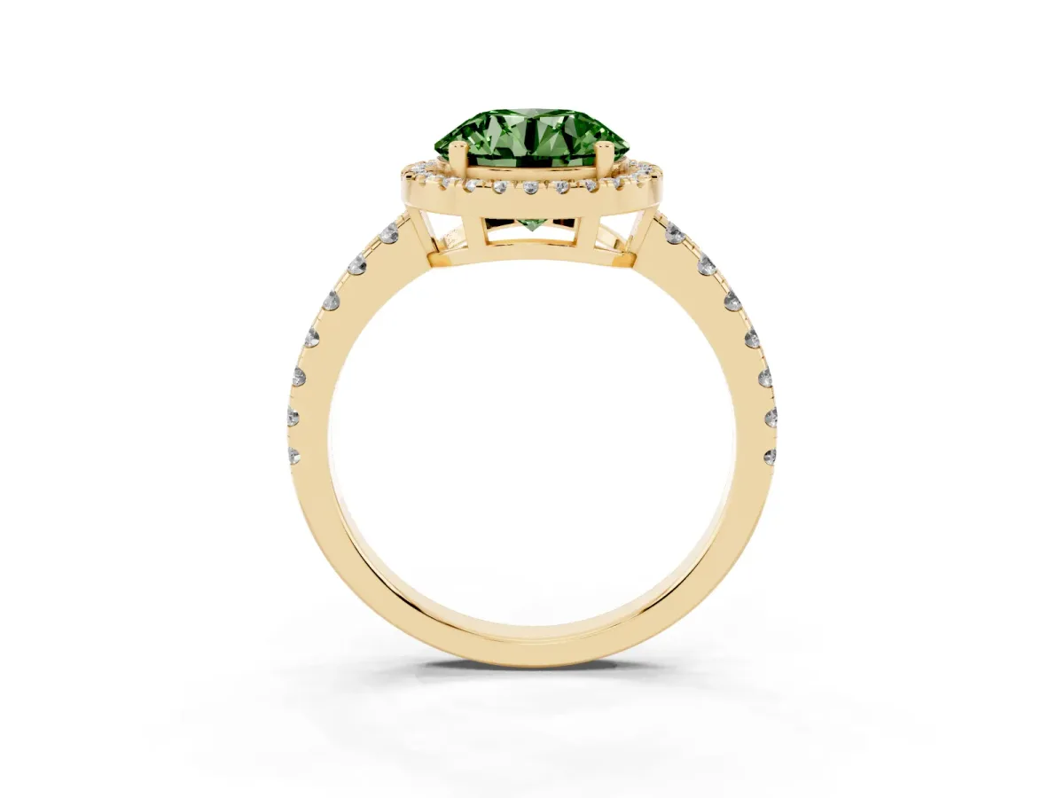 Fancy Green Round Cut Diamond Halo Ring with Pavé Band and Four-Prong Setting Yellow gold