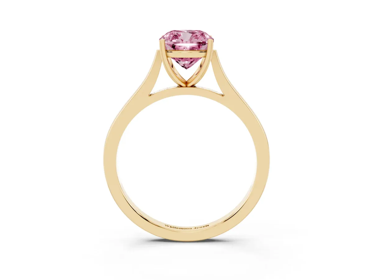 Fancy Pink Cushion Cut Solitaire Heart Prong Engagement Ring with Tapered Band Yellow gold