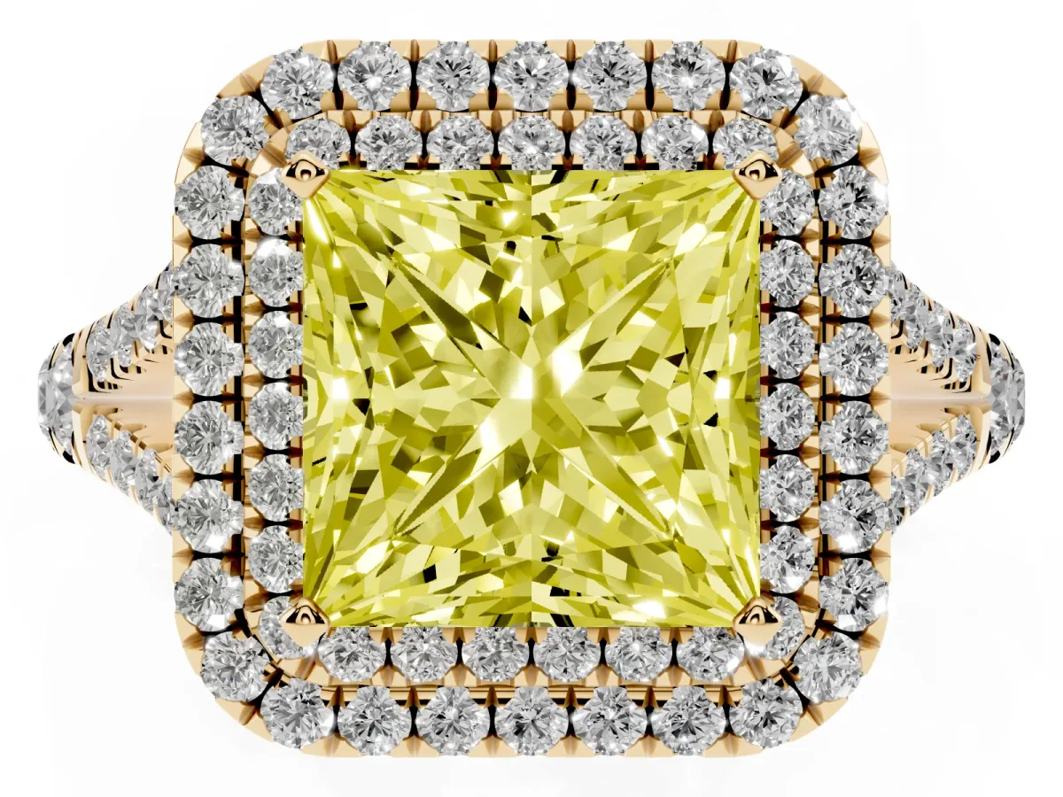 Fancy Yellow Princess Cut Diamond Double Halo Ring with Split Shank and Prong Setting Yellow gold