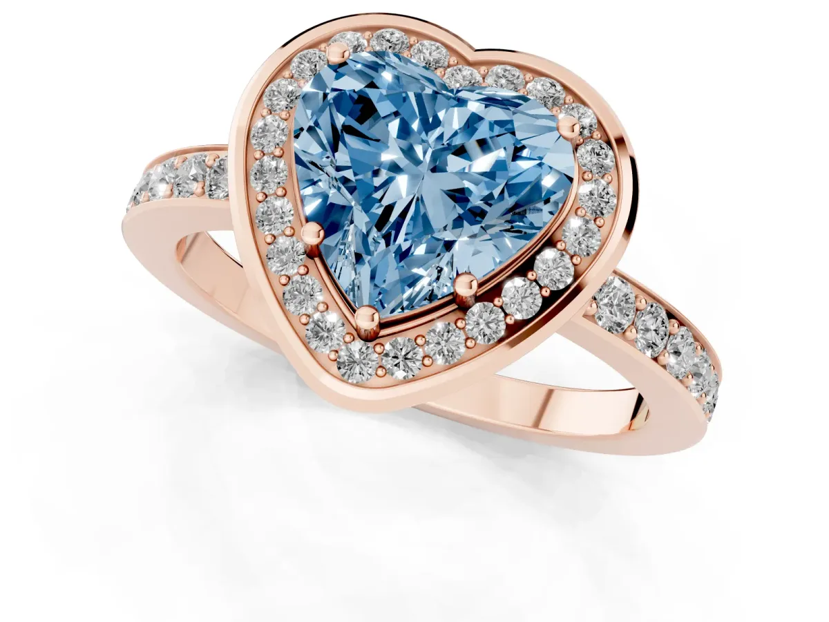 Fancy Blue Heart Cut Diamond Halo Ring with Bezel Frame and Pavé Band Rose gold