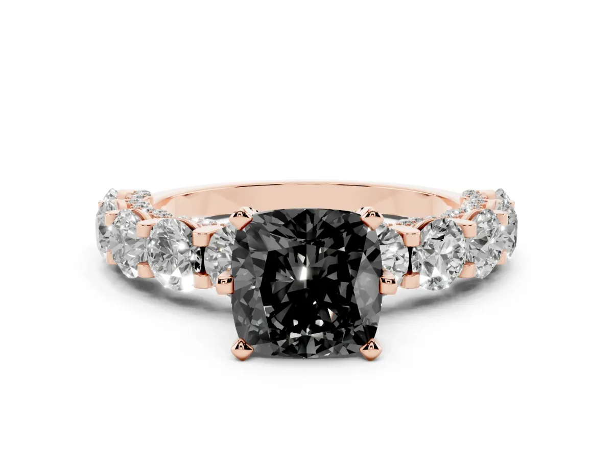 Fancy Black Cushion Cut Diamond Side Stone Engagement Ring with Four-Prong Setting Rose gold