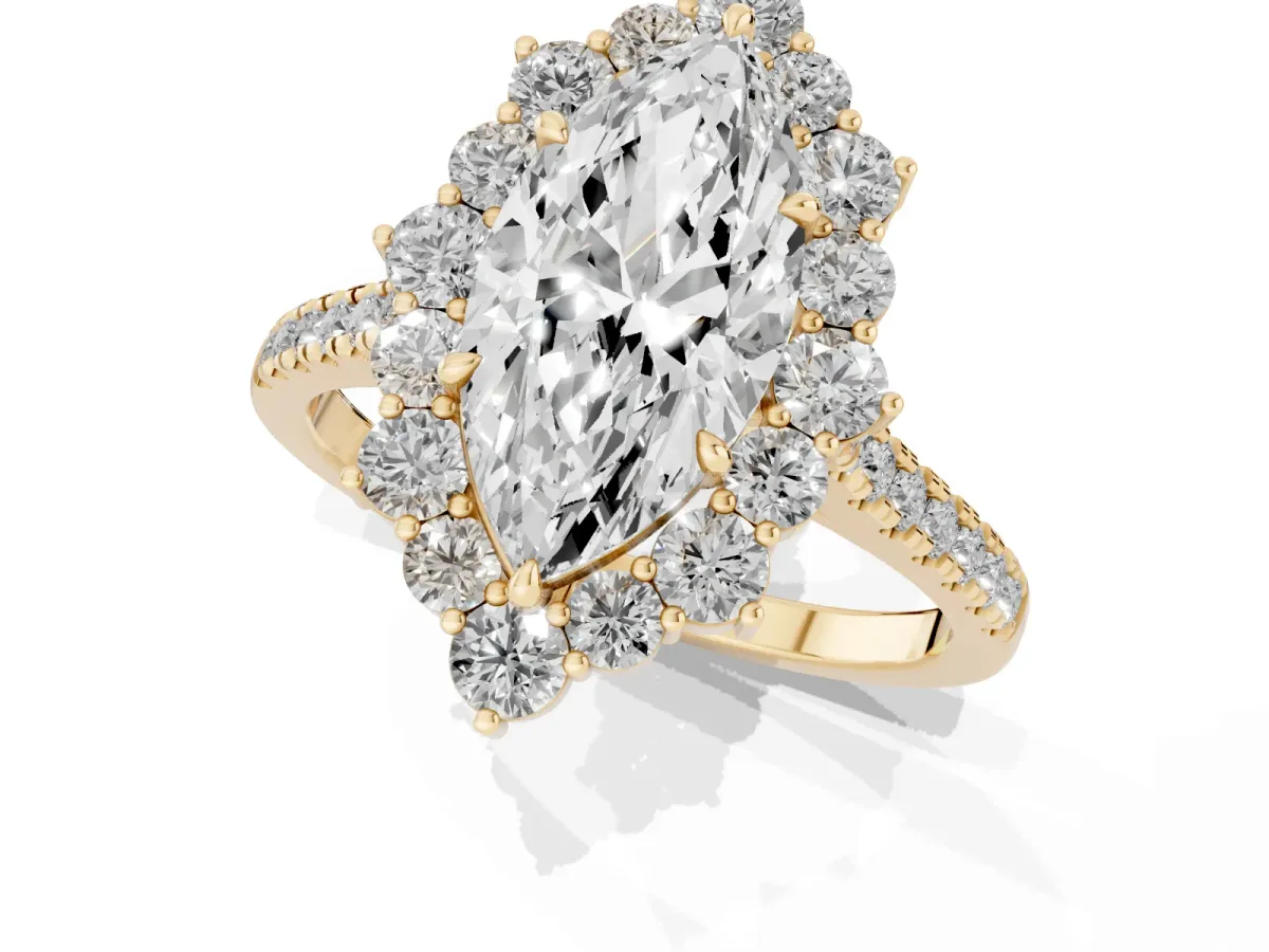 Marquise Cut Halo Diamond Ring with Pavé Band and Prong Setting Yellow gold