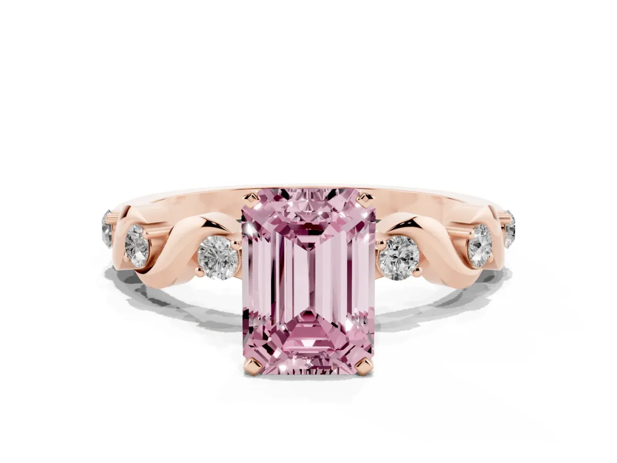 Fancy Pink Emerald Cut Diamond Solitaire Twisted Band with Round Accents and Prong Setting Rose gold