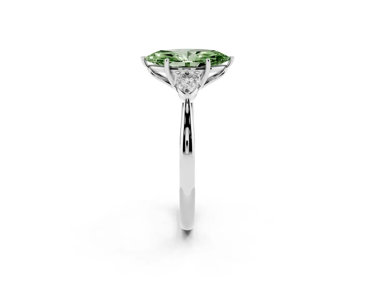 Fancy Green Three-Stone Marquise Cut Brilliant Diamond Solitaire Ring with Tapered Band and Four-Prong Setting Silver