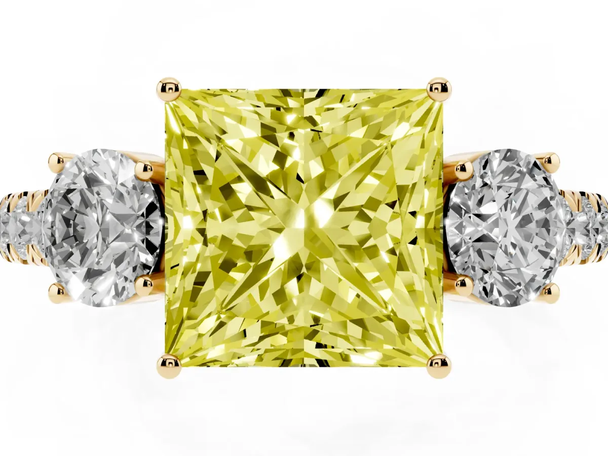 Fancy Yellow Princess Cut Cut Diamond Three-Stone Ring with Round Side Stones and Pavé Band Yellow gold