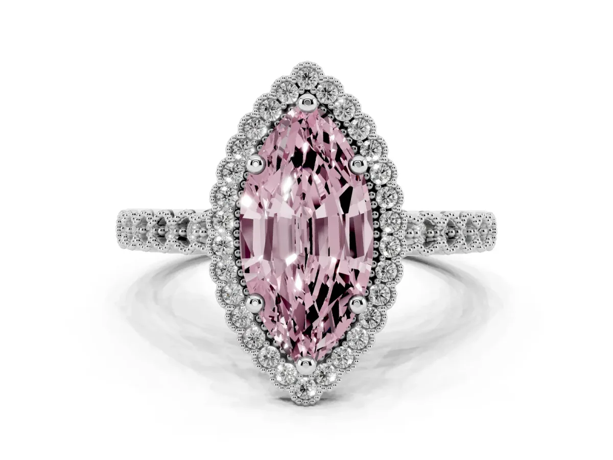 Fancy Pink Marquise Cut Cut Halo Pavé Solitaire Ring with Milgrain Band Platinum